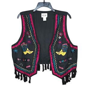 VINTAGE 1980'S STEFANO COTTON WESTERN FLORAL EMBELLISHED VEST FRINGE HEM L LARGE